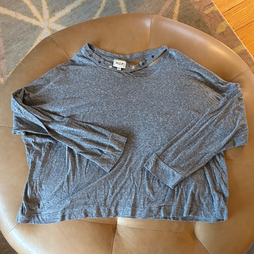 H.I.P. Heathered Gray Stud Button-Accent Neck Top